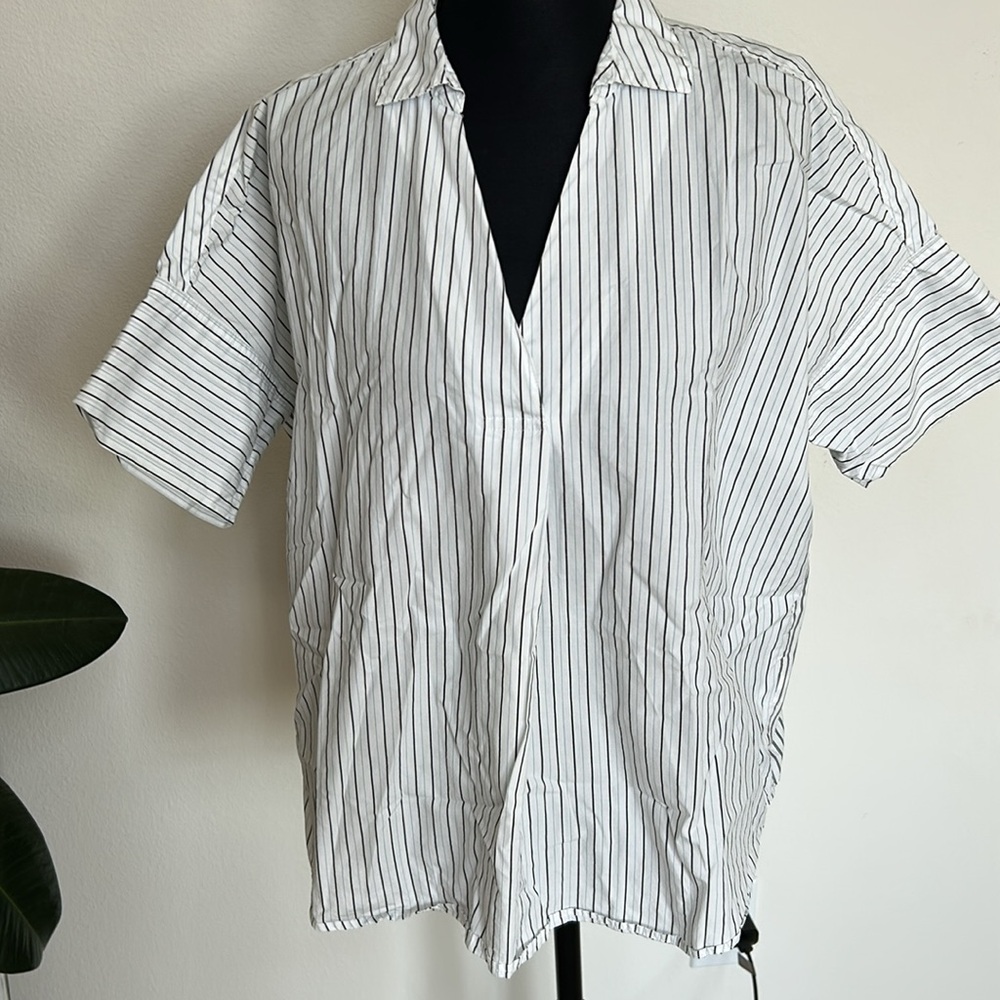 MADEWELL WOMENS v neck COLLAR  STRIPED 100% COTTON PULLOVER TOP